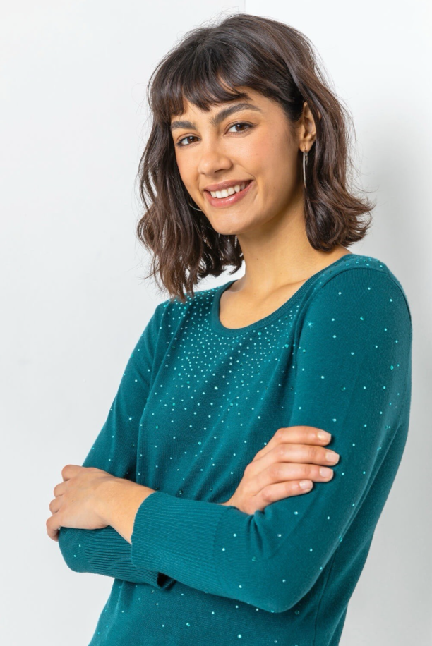 Roman Emerald Green Ladies Diamante Studded Jumper - Size 10 - Sparkle Knit