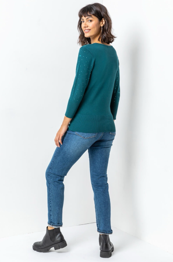 Roman Emerald Green Ladies Diamante Studded Jumper - Size 10 - Sparkle Knit