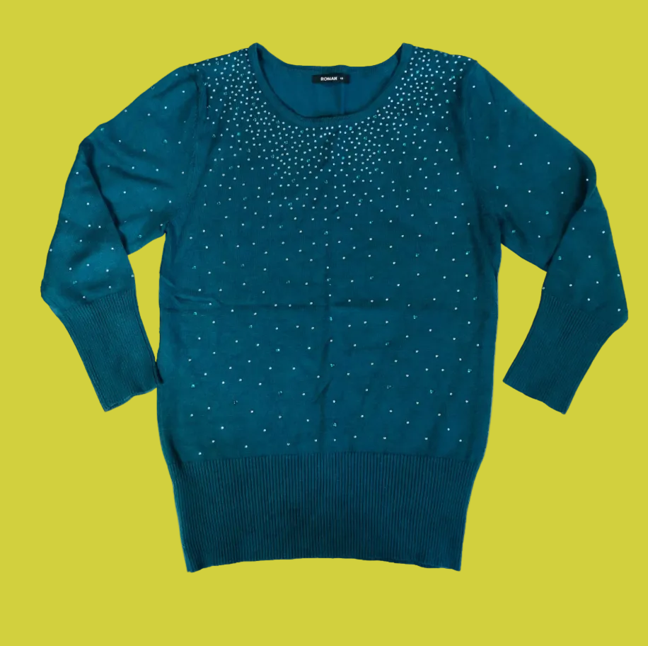 Roman Emerald Green Ladies Diamante Studded Jumper - Size 10 - Sparkle Knit