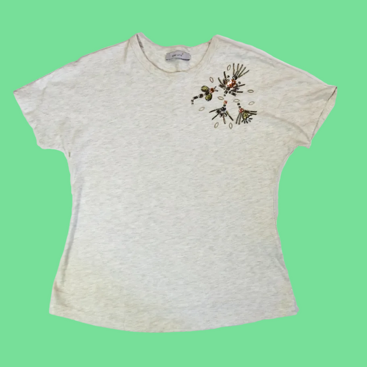 M&S Per Una Grey Oatmeal Embellished T-Shirt Top Beaded Gem Detail Size 8 Cotton