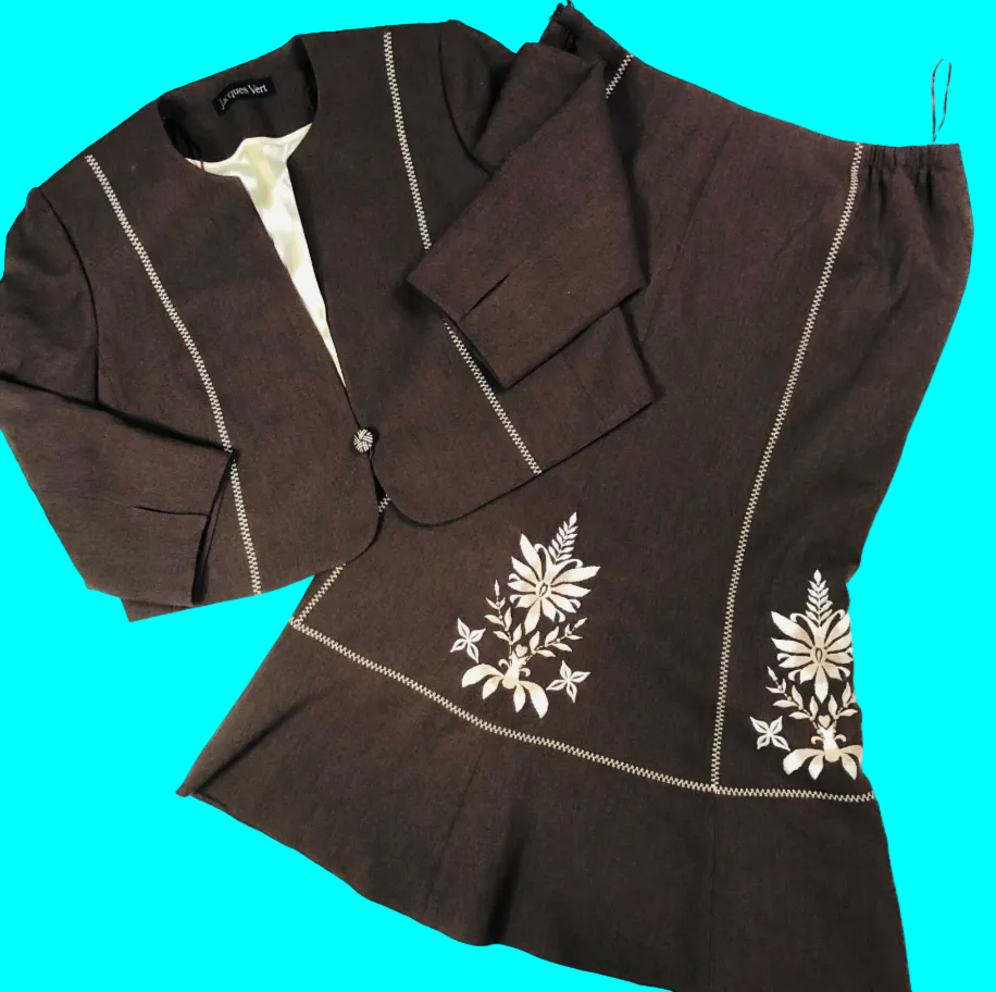 Jacques Vert Chocolate Brown Two Piece Ladies Suit Midi Skirt & Jacket Size 16