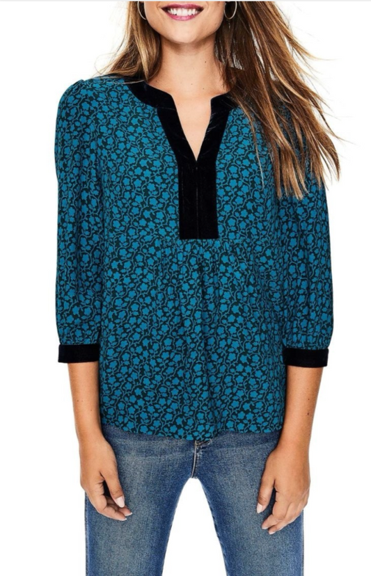 Boden Teal & Black Annabelle Velvet Trim Top 3/4 Sleeves Size UK 16