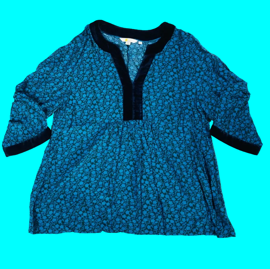 Boden Teal & Black Annabelle Velvet Trim Top 3/4 Sleeves Size UK 16