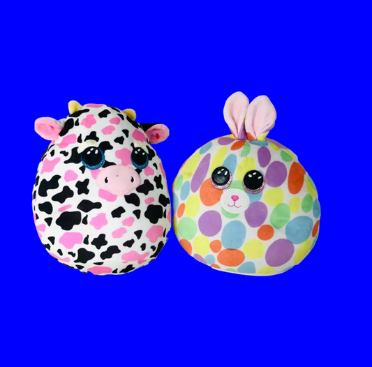 2x Ty Beanie Squish-a-Boo Milkshake The Cow & Bloomy the Pastel Easter Bunny Soft Toy Pillows