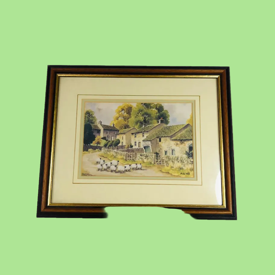 Anita Hall Yorkshire Artist Signed Brown Framed Watercolour Print - Thorpe - 14" x 12"