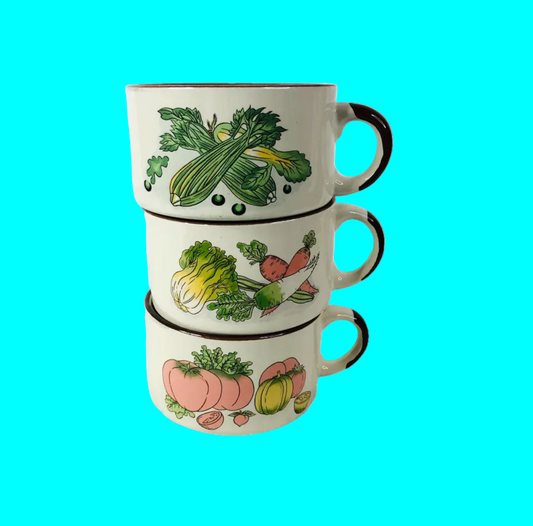 Set of 3 Retro 1970s Soup Cups Bowls Garden Vegetable Motif Brown Trim Esso/Shell Promotion