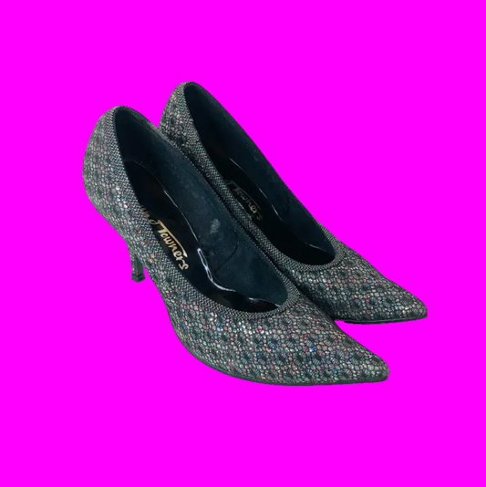 Round Towners By Stead & Simpson Grey Lace & Glitter Vintage Court Shoes Size 4