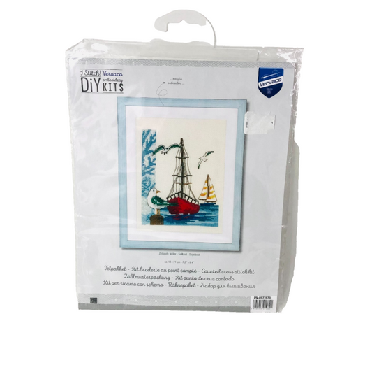 Vervaco Counted Cross Stitch Kit - Sailboat Nautical Seaside Decor NEW Complete