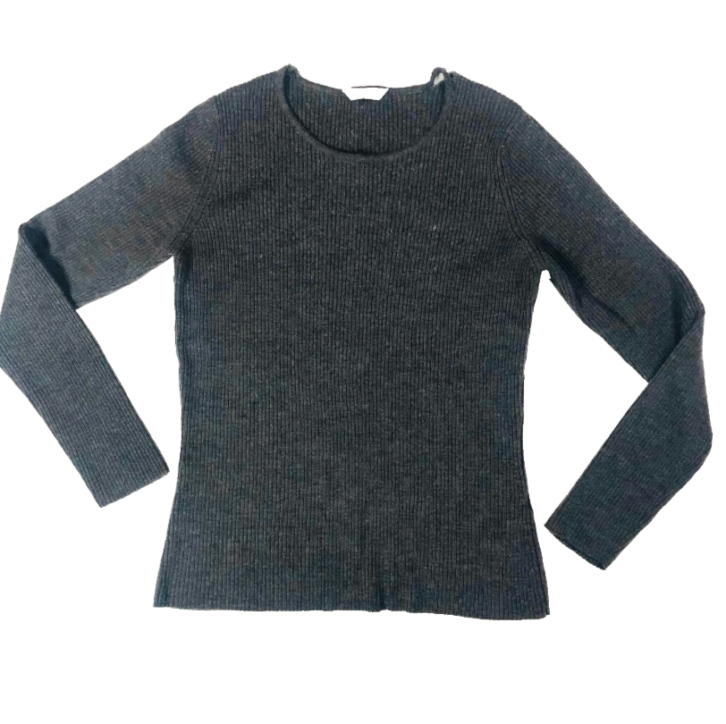Marks & Spencer Ladies Grey Ribbed 100% Pure New Wool Long Sleeve Top Size 10 - Damaged