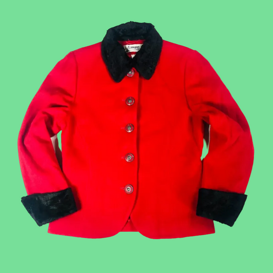 Lampert Vintage Red Wool & Cashmere W/black Faux Fur Collar Jacket Size 10/12