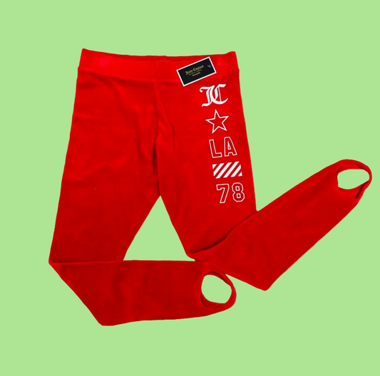 Juicy Couture Red Stirrup Velour Leggings 'LA 78' Logo Size Large NEW