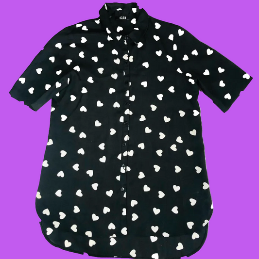 G21 Women's Black & White Longline Blouse Chiffon Shirt White Heart Pattern Size 14