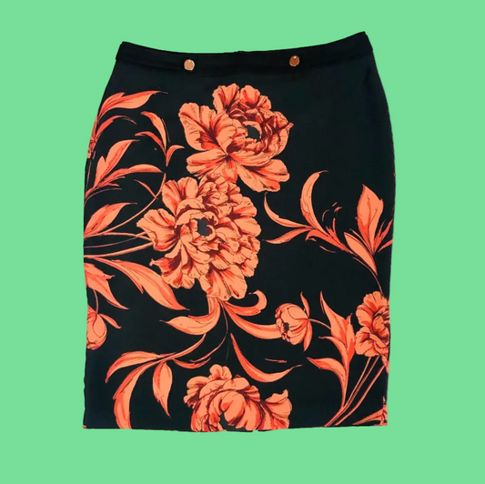 Per Una Orange & Black Lightweight Silky Satin Pencil Wiggle Straight Skirt Size 12