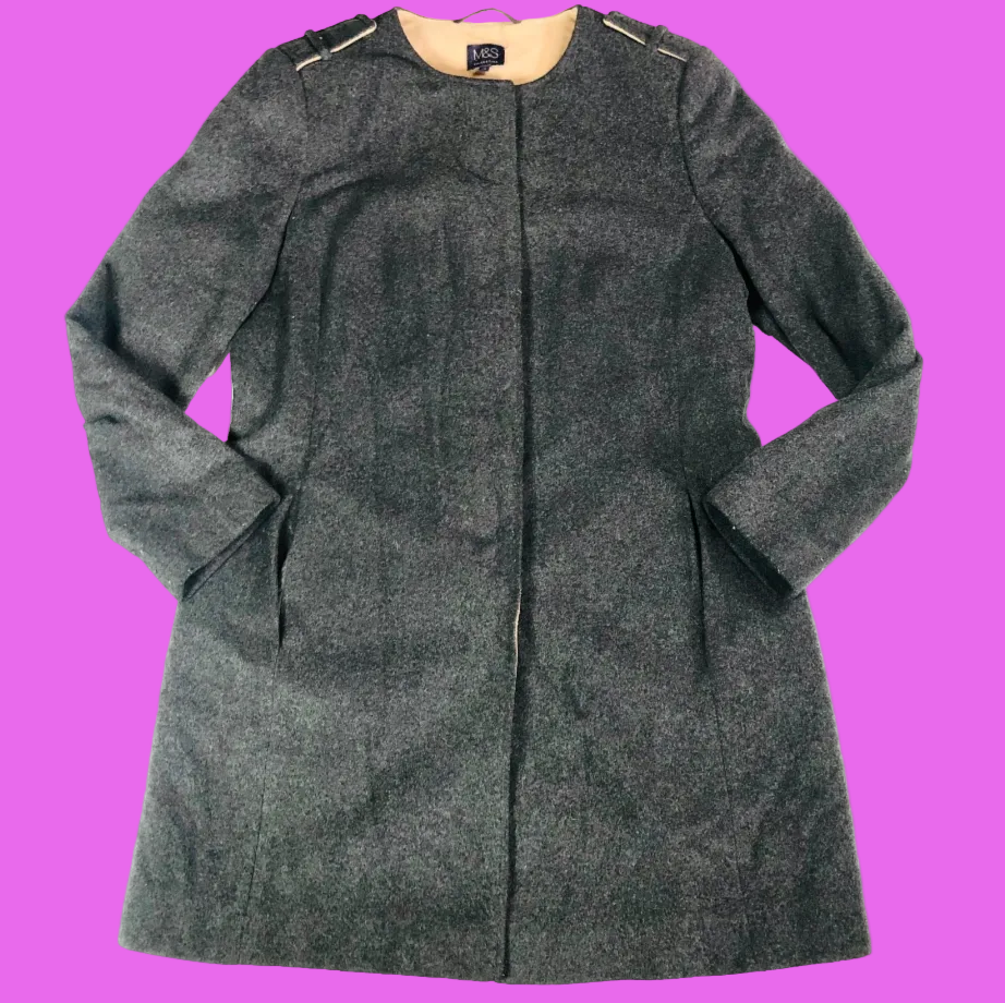 M&S Collarless Coat Jacket Grey Wool & Cashmere Blend Smart Occassion Nova Tides Size UK 14