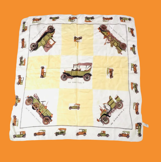 St Michael Made in Italy Vintage Faux Silk Old Cars Automobiles Cream Square 64cm Scarf