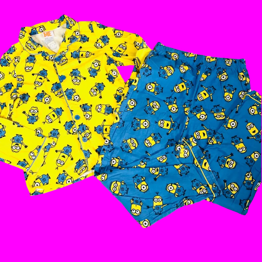 Childrens Unisex Minions Yellow & Blue Brushed Cotton Two Piece Button Down Pyjama Set Age 13 Years