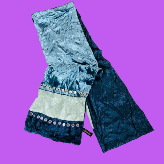 Accessorize Blue Crushed Velvet Y2K Boho Slim Scarf Wrap Viscose & Silk 61" x 9.5"