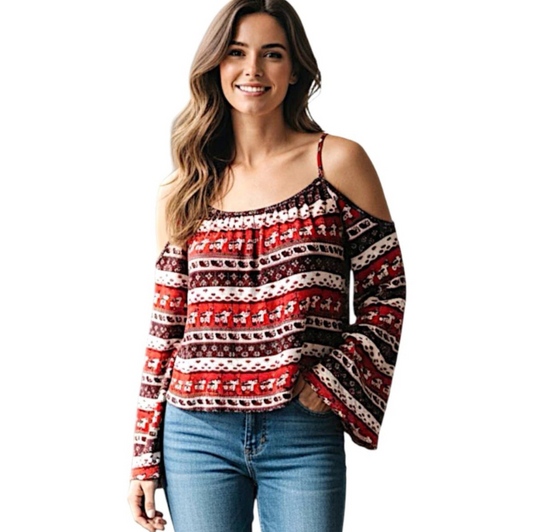 H&M Cochella Boho Festival Terracotta & Black Elephant Off Shoulder Top Size XS