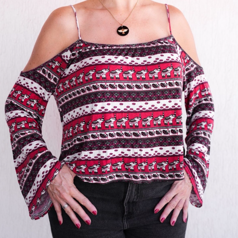 H&M Cochella Boho Festival Terracotta & Black Elephant Off Shoulder Top Size XS