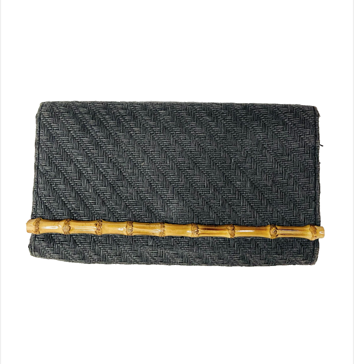 H&M Black Woven Bamboo 1970s Vintage Style Clutch Evening Bag 27 x 15 cm