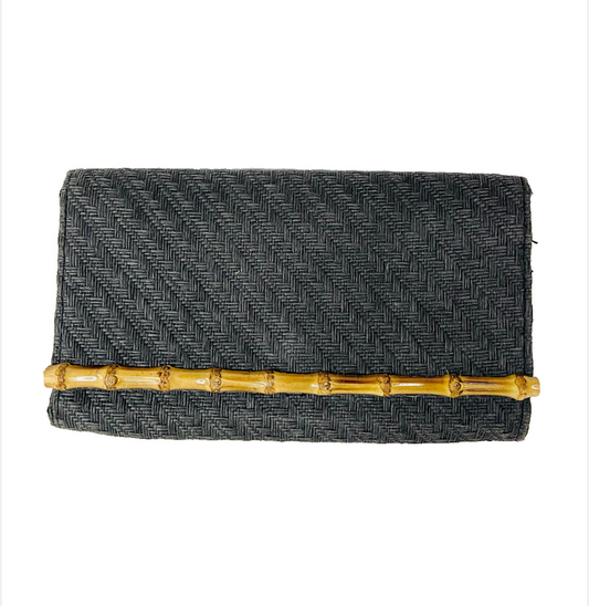 H&M Black Woven Bamboo 1970s Vintage Style Clutch Evening Bag 27 x 15 cm