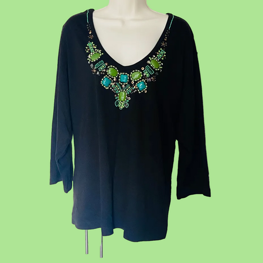 Indigo Moon Ladies Black 3/4 Sleeve Top With Green Beaded Neckline Size 3XL