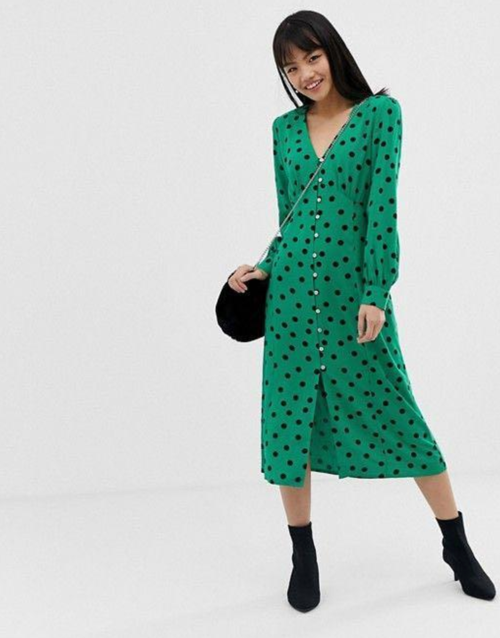Miss Selfridge Petite | Green & Black Polkadot | Button Front Midi Tea Dress | Long Sleeve | Size 10