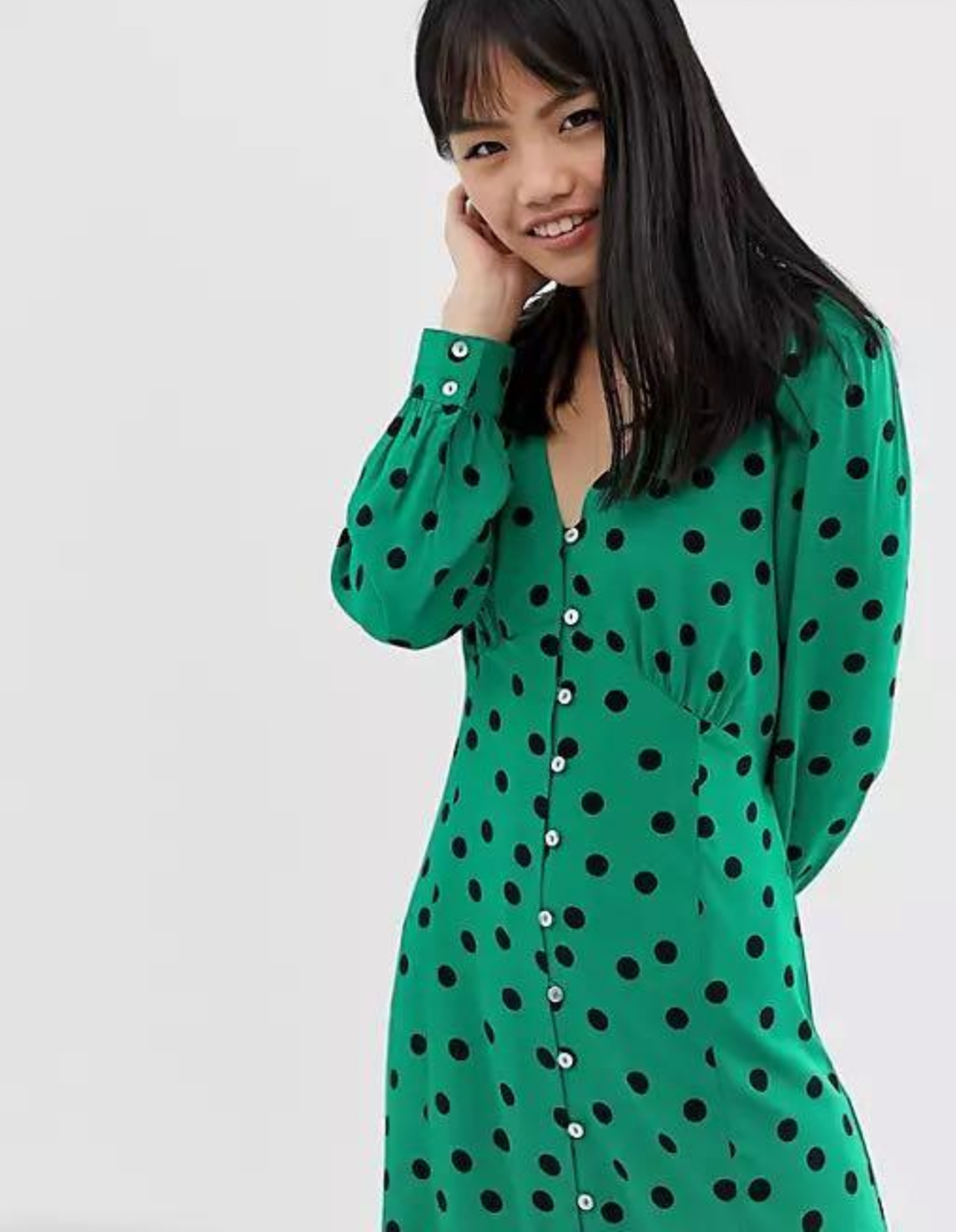 Miss Selfridge Petite | Green & Black Polkadot | Button Front Midi Tea Dress | Long Sleeve | Size 10