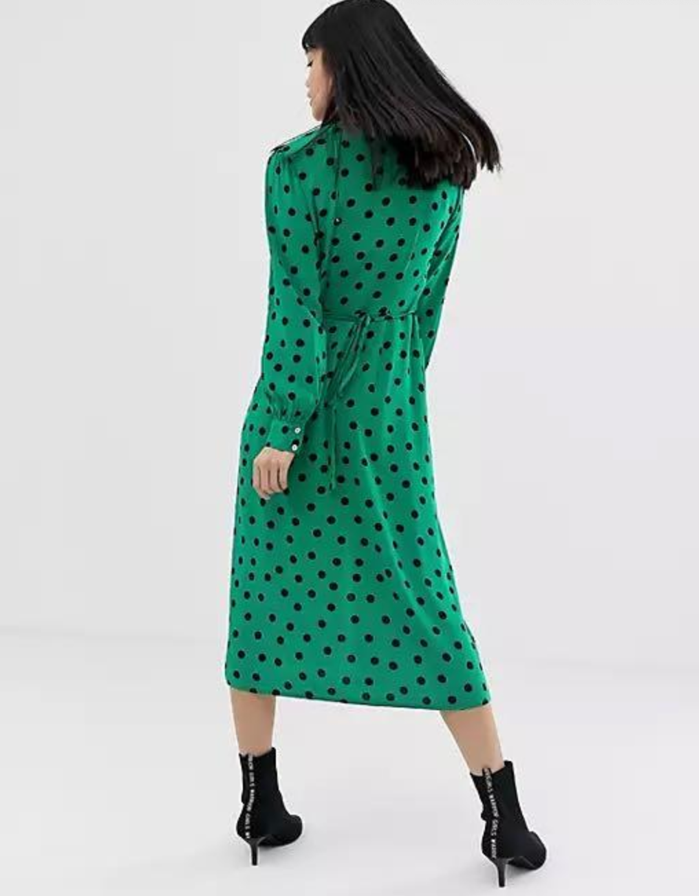 Miss Selfridge Petite | Green & Black Polkadot | Button Front Midi Tea Dress | Long Sleeve | Size 10
