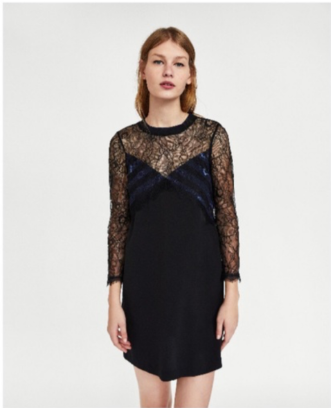 Zara | Black & Navy Blue | Lace Crepe | High Neck Long Sleeve Mini Dress | Size Medium