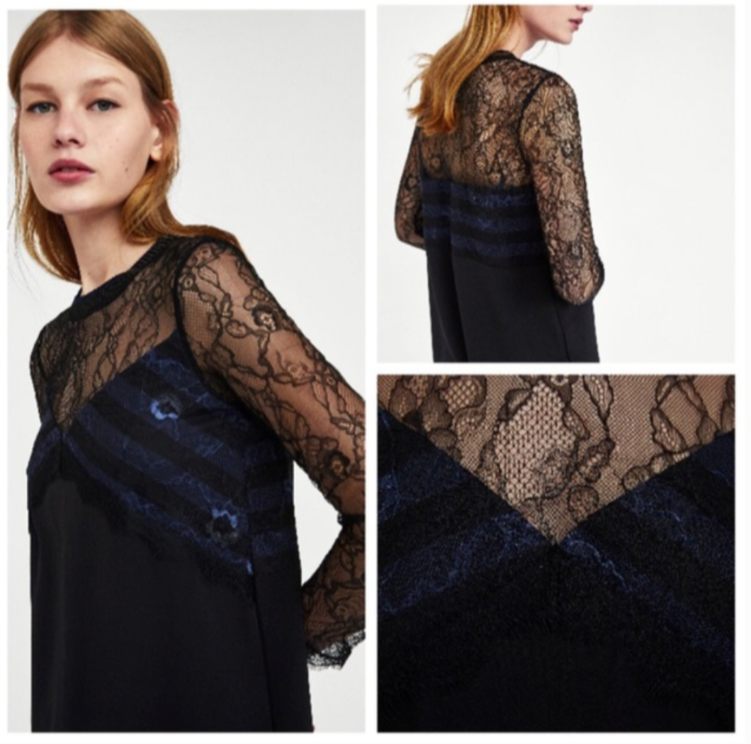 Zara | Black & Navy Blue | Lace Crepe | High Neck Long Sleeve Mini Dress | Size Medium