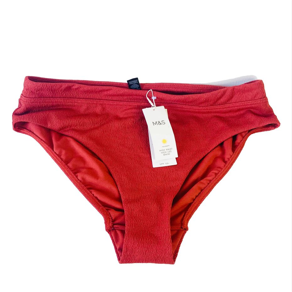 Marks & Spencer (M&S) | Copper Red | Textured High-Waist Bikini Bottoms | Size 16 | NEW | UPF 50+