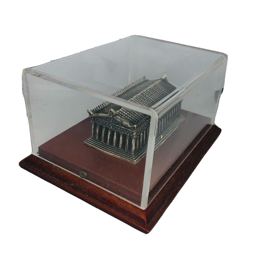 Vintage Intricate Silver Model Of The Parthenon in wooden and perspex display case